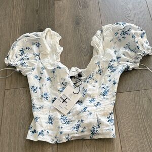 Reformation Alice Lace Trim Puff Sleeve Crop Top Orlaya Blue and White Size 2